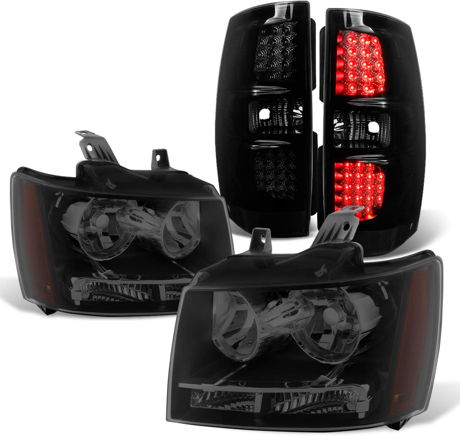 AKKON - For 07-14 Chevy Suburban Tahoe Black Smoked OE Headlights + LED Tail Brake Lamp Combo