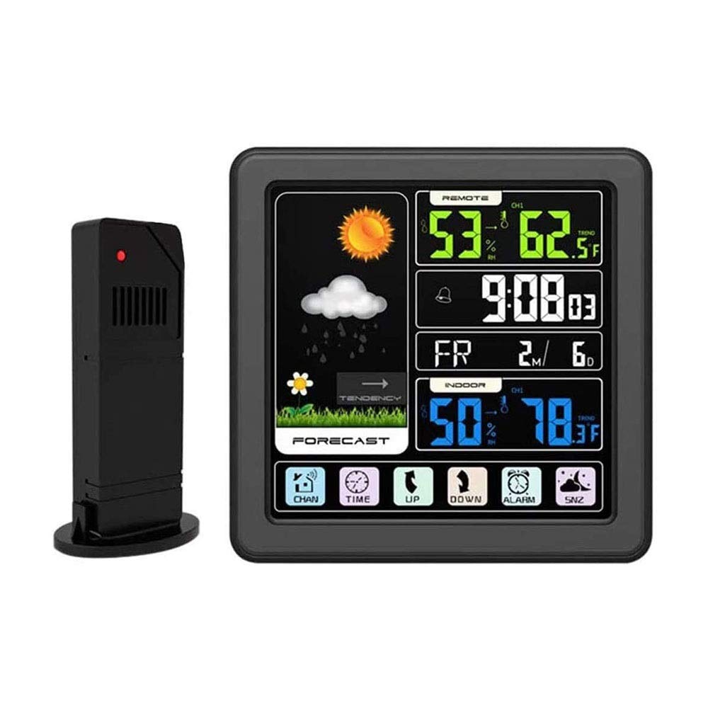 KouRy Weather Station,Wireless Indoor Outdoor Colorful Display Home Thermometer Hygrometer with Sensors and Backlight Humidity Monitor Weather Forecast Alarm Clock (Black)