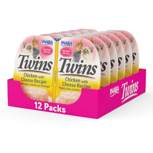 INABA Twins for Cats, Grain-Free Shredded Chicken & Broth Gelée Side Dish/Complement/Topper Cups, 1.23 Ounces per Serving, 14.76 Ounces Total (12 Servings), Tuna & Chicken with Scallop Recipe