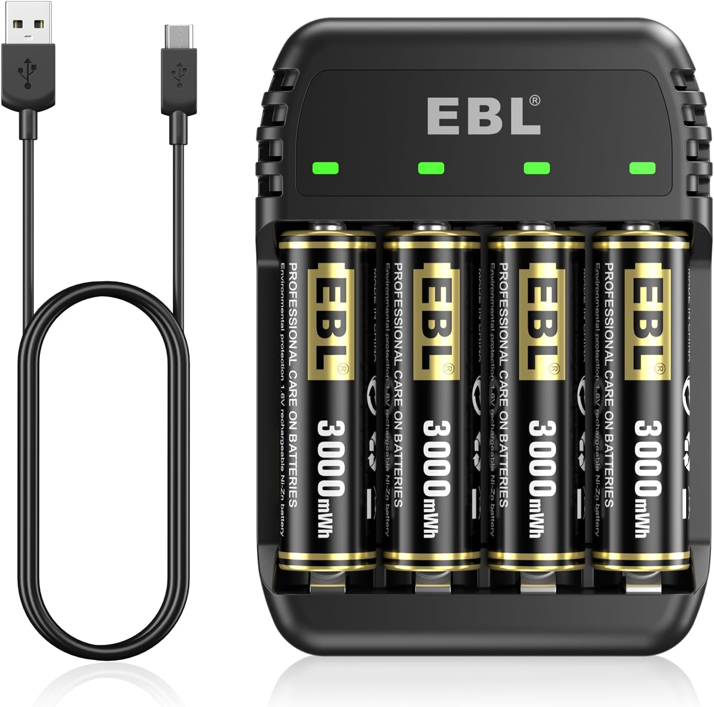 EBL Rechargeable AA Batteries with 4 Bay Ni-Zn/Ni-MH Battery Charger 4 Pack Ni-Zn 3000mWh - 1.6V Double A Battery High Performence Battery and AA AAA Battery Charger