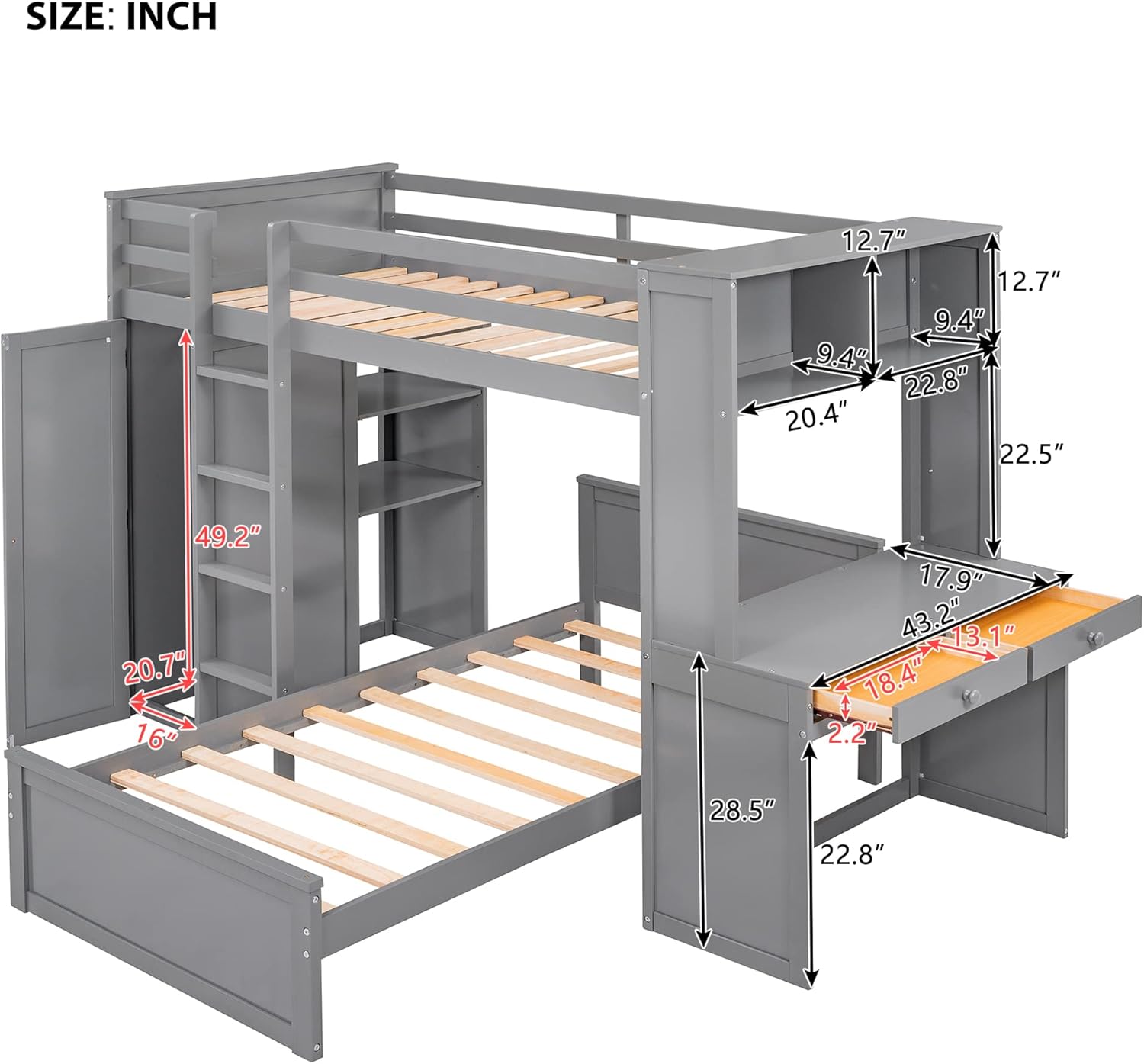Twin Over Twin Wooden Bunk Bed and Loft Bed with Shelves, Desk, and Wardrobe - Sturdy Bedframe for Kids, Teens, and Adults, Space-Saving Design, No Box Spring Needed, Gray