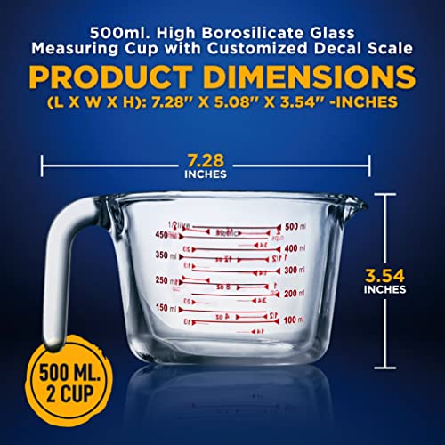 NutriChef 2 Pieces Measuring Cups - BPA-Free Premium Heat Resistant Borosilicate Glass Measuring Cups w/ Handle, Precise Measurement w/ Oz & Ml Scale in 500ml & 1000ml, Microwave & Oven Safe