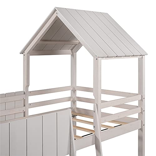 Twin Low Loft Bed with Ladder and Under-Bed Large Space, Pinewood House-Shaped Bed Frame with Roof and Fence-Shaped Guardrails, Bedroom Furniture (Wash Gray)