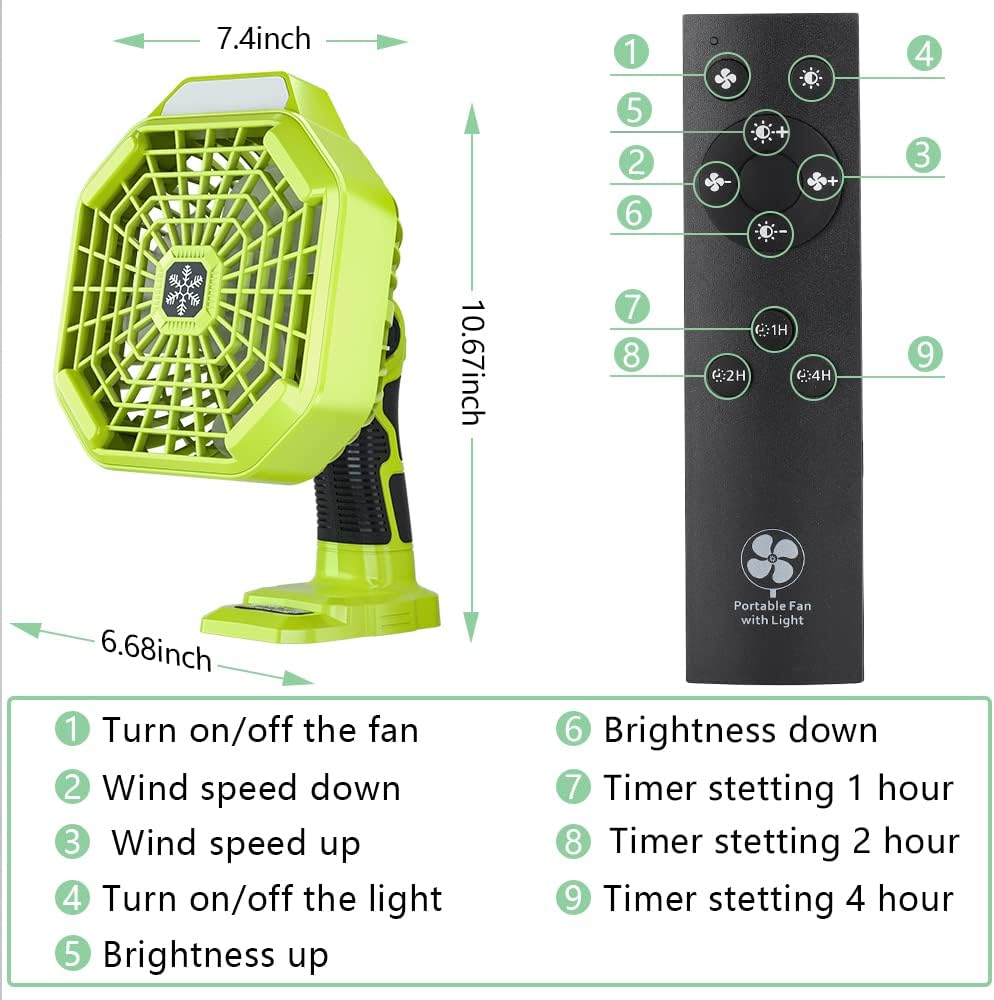 WaxPar Battery Operated Fan for Camping Powered by Ryobi ONE+ 18V Li-ion Ni-CD Ni-MH Battery, for Ryobi Fan with 180LM LED Lantern, Remote, Timer 1800CFM 3-Speed Outdoor Floor Fan