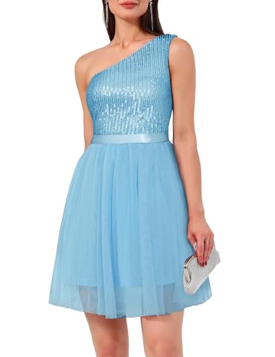 BeryLove Womens Sequin Dress Sparkly Glitter One Shoulder Party Club Dress Bodycon Dresses Prom Dress