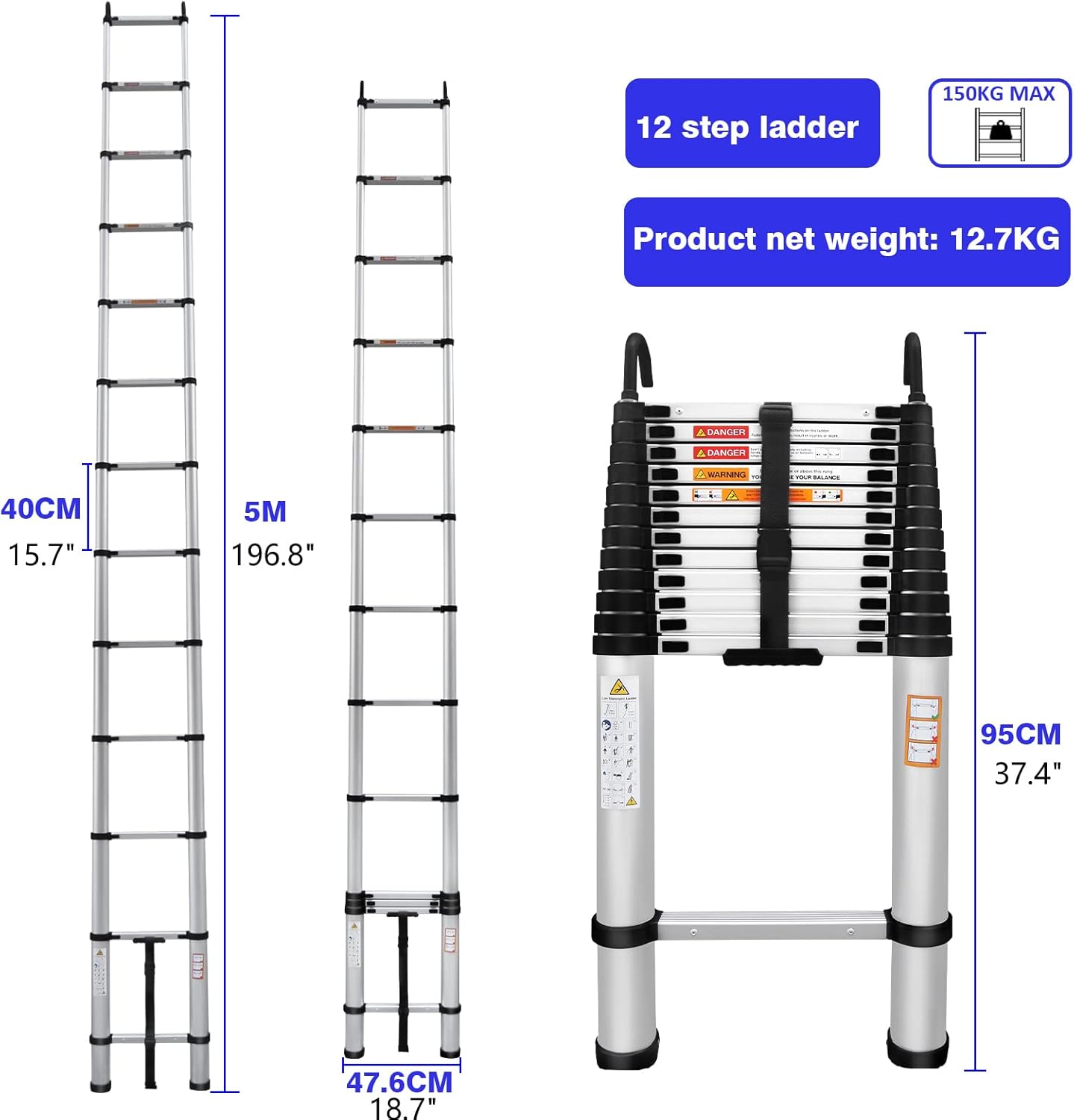 Telescoping Ladder 16FT Aluminum Telescoping Extension Ladder with Roof Hooks, 2.8Inch Detachable Hooks Prefect for Home Or Outdoor Rooftop, Collapsible Ladder Attic Ladder Rv Ladder 330lb Capacity