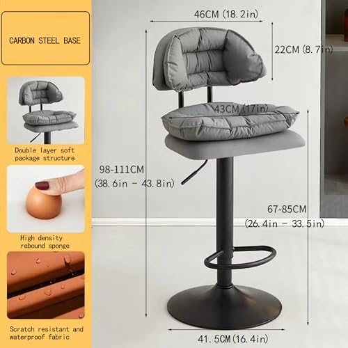 Adjustablet Swivel Bar Stools with Backrest and Armrest, Set of 2 Elevatable backrest high Legged Chair for Dining Room Home Bar Kitchen Island(Grey) (Grey/Black Painted Chassis)