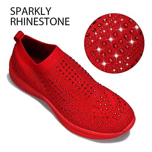 BELOS Women's Rhinestone Mesh Slip On Walking Shoes Fashion Breathable Spakle Glitter Sneaker