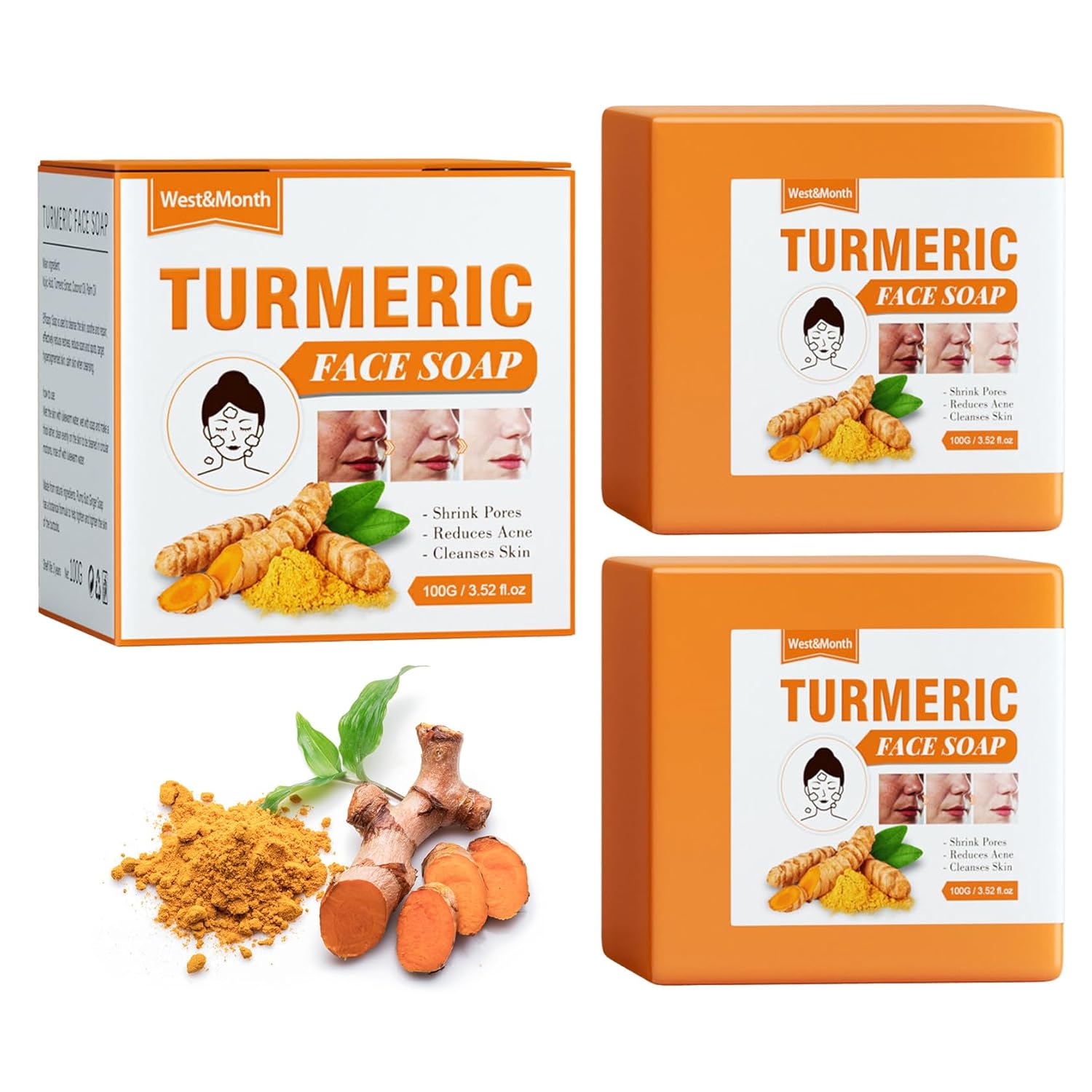 2Pcs Natural Turmeric Soap Bar for Face & Body, Turmeric Skin Brightening Soap for Dark Spots, Underarms & intimate area, Turmeric Face Wash Soap Reduces Acne, Fades Scars, Smooth & Cleanses Skin