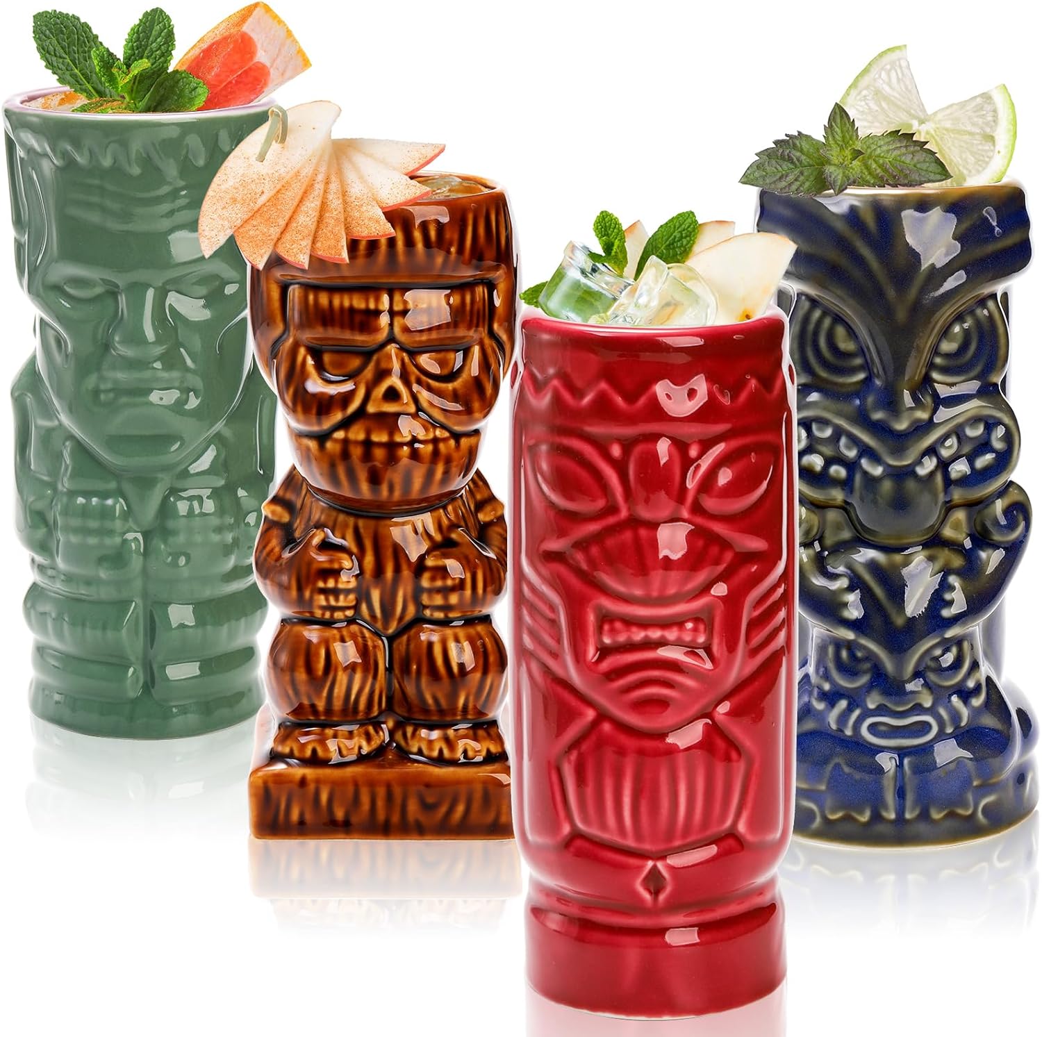 Set of 4 Ceramic Tiki Glasses, 16 Oz Large Tiki Cups for Cocktails, Halloween Vintage Hawaiian Party Drinking Mugs Barware Set Decor for Whiskey, Rum, Vodka