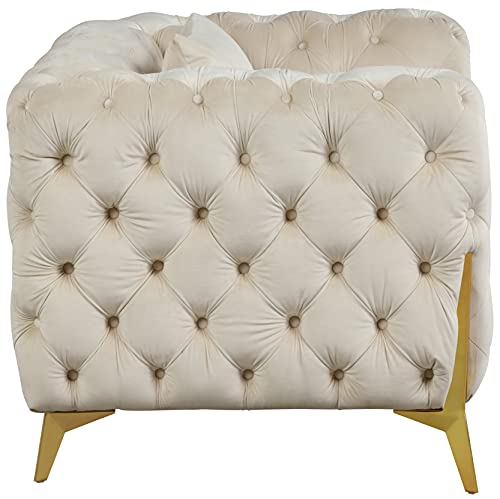 Meridian Furniture Kingdom Collection Velvet Upholstered Chair with Deep Button Tufting & Sturdy Gold Metal Legs, Cream