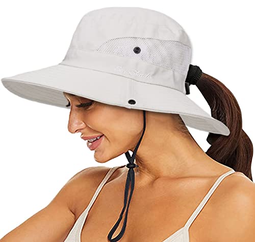 Women's Sun-Hat UV-Protection-Foldable Mesh Wide-Brim Outdoor Summer Beach Fishing Hat with Ponytail-Hole