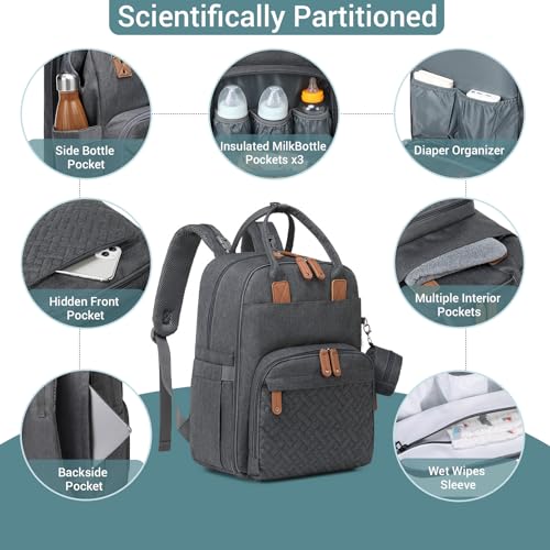 JOLLITO Diaper Bag Backpack - Multifunction Travel Backpack Maternity Baby Changing Bags, Diaper Changing Totes, Large Capacity, Waterproof and Stylish, Baby Registry Essential