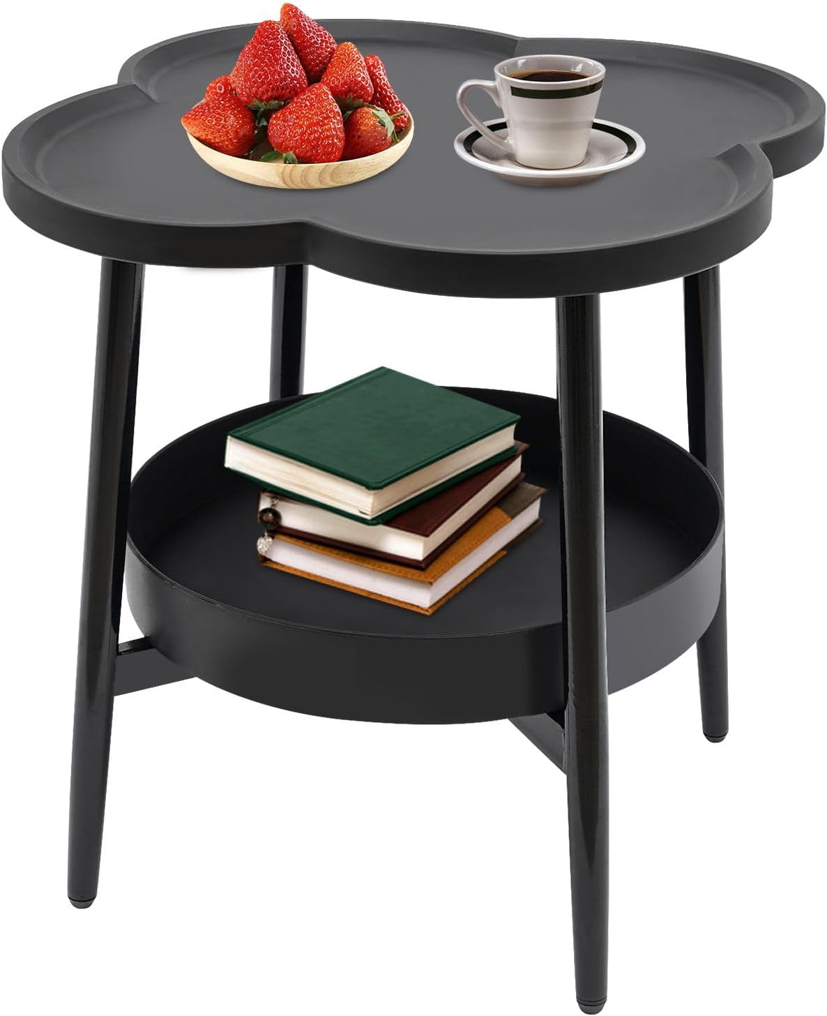 Modern End Table, Double Tier Sofa Table, Accent Side Table, 20in Height Nightstand, 2 Layers Storage Shelf, Load 110lbs, Open Design, for Office Bedroom Hallway Study Room Living Room, Black