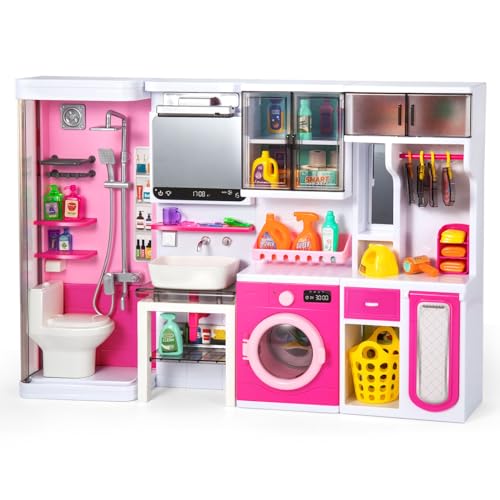TEMI 4-in-1 Mini Bathroom Playset with Lights & Sounds, Pink Play Dressing Table Toy Set, Furniture, Bathroom Accessories, Pretend Role Play Toys for Boys Girls