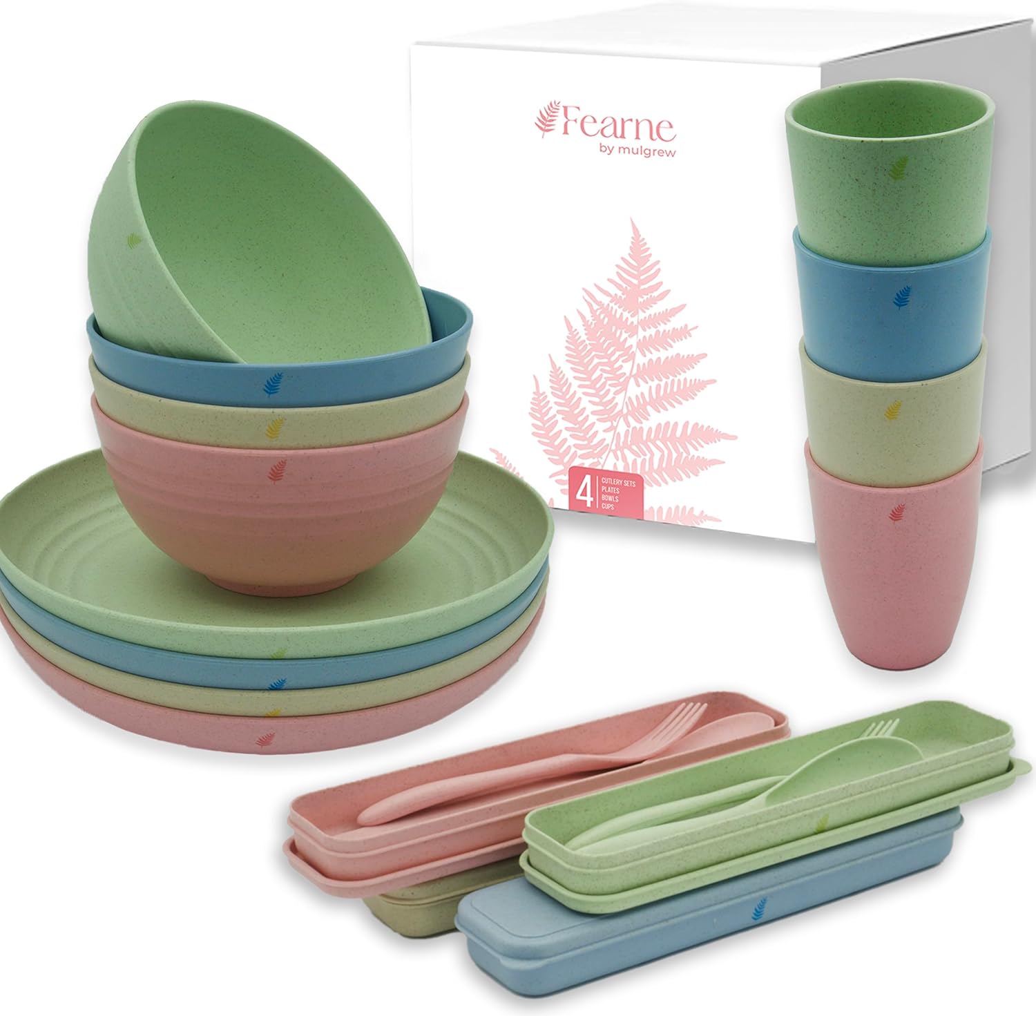 Fearne 16-piece Wheat Straw Plates and Bowls Sets for 4 - Unbreakable Toddler Kids Dinnerware Set, Reusable, Lightweight, Microwave & Dishwasher Safe