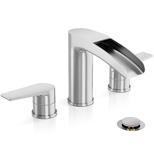 Phiestina Waterfall Brushed Nickel Bathroom Faucet, Widespread 3 Hole 8 Inch Vanity Sink Faucet, with Pop Up Drain and Water Supply Line, NS-WF005-BN