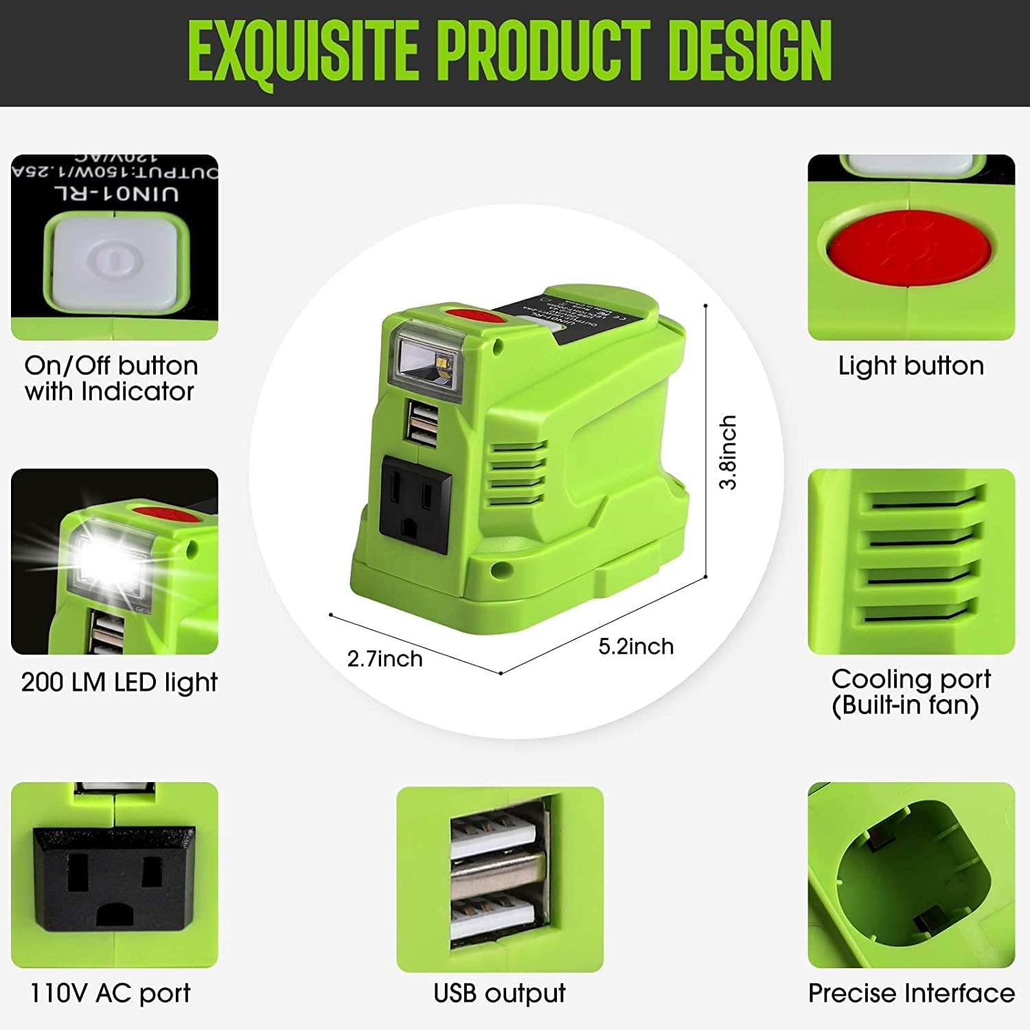 150W USB Phone Charger Adapter for Ryobi 18V Battery, URUN DC 18V to AC 120V Inverter Generator, 120V Power Source Adapter for Ryobi with Dual USB & LED Light & AC Outlet(No Battery)