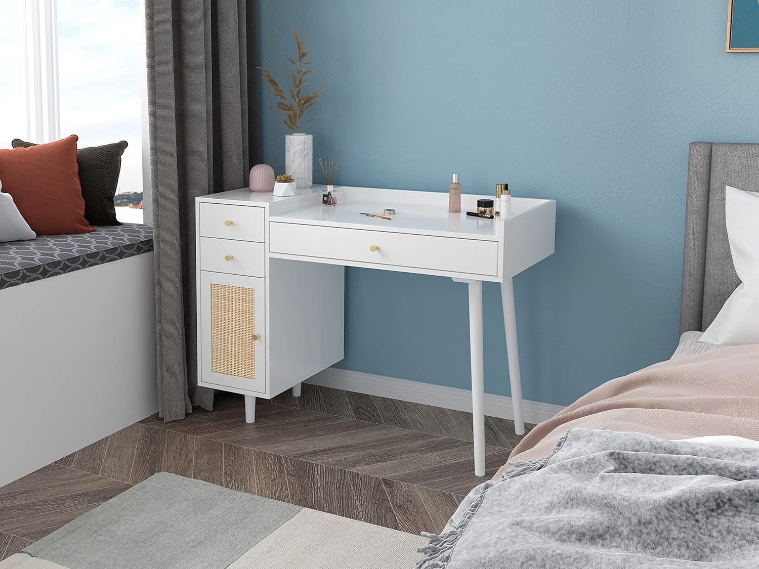 White Makeup Vanity Desk with Drawers, Modern Dressing Table with Storage Cabinet for Bedroom, Without Stool (42