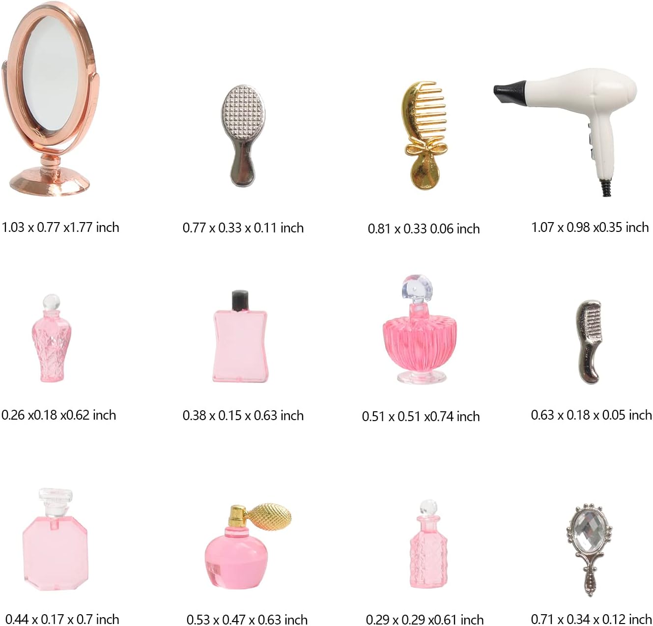 1/12 Scale Miniature Bathroom Accessories Kit Mini Plastic Hair Dryer Brush Comb Mirror Perfume Bottles Set for Mini House Bedroom Decoration,Set A