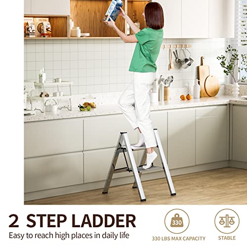 Step Ladder Folding 2 Step Stool Aluminium Anti-Slip Wide Pedal Portable Stepladder Storage Shelf Rack Home Kitchen Lightweight Ladders,Black