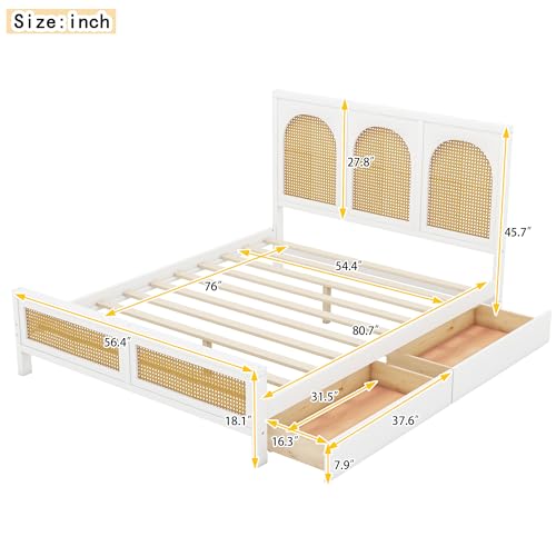 Queen Size Wood Storage Platform Bed with 2 Drawers, Rattan Headboard and Footboard, White