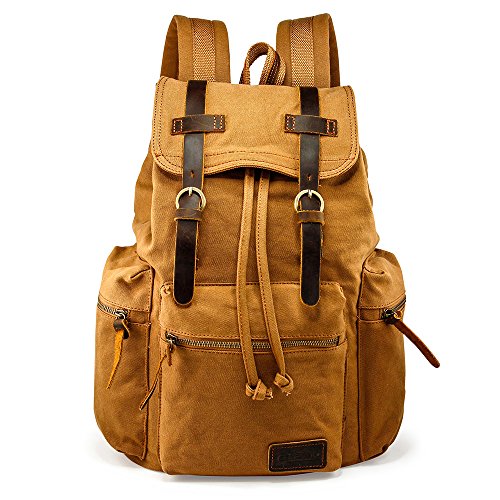 GEARONIC 21L Vintage Canvas Backpack Leather Rucksack Knapsack 15inch Laptop Tote Satchel College Shoulder Hiking Bag