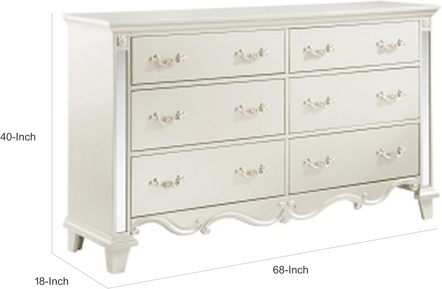 Benjara Xeni 66 Inch Wide Dresser, 6 Drawers, Scrolled, Mirror Accent, Champagne
