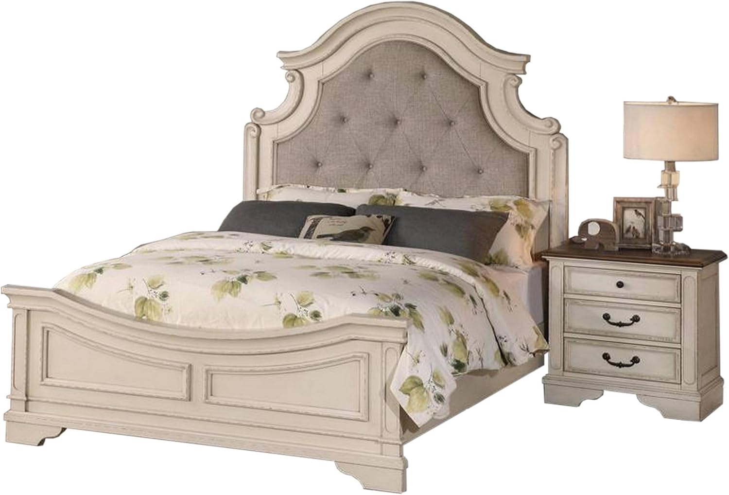 Benjara BM300172 Upholstered Scalloped Frame Lupe Bed Antique White & Gray - Queen Size