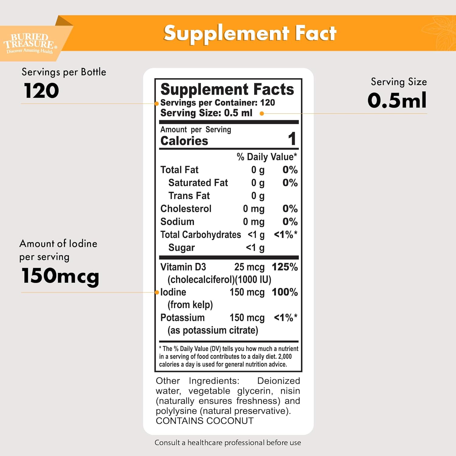 Buried Treasure Iodine Drops with Kelp - 2% Liquid Drops,120 servings, 2 fl oz, Supports Immunity Health