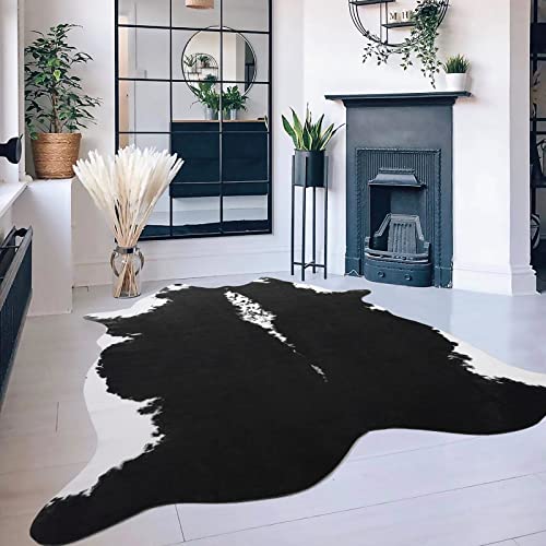 HOMORE Cowhide Rug, Cute Cow Print Rug for Living Room Faux Cow Hide Animal Print Carpet for Bedroom Office Table, 4.6 x 5.2 Feet, Black