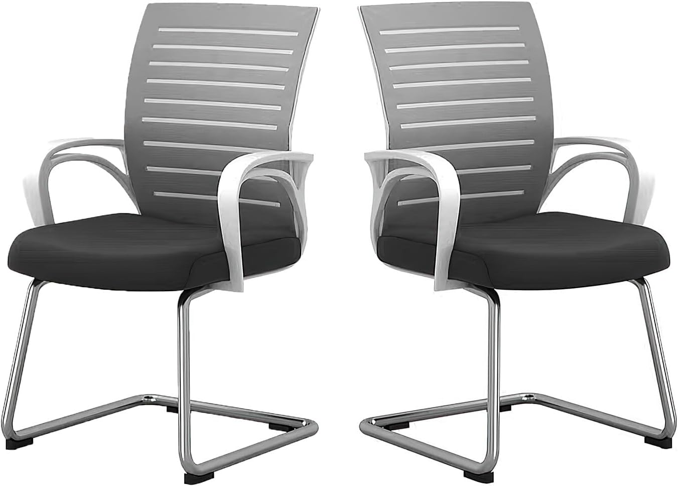 Set of 2 Office Desk Chairs, Mid Back Ergonomic Mesh Chair, Sled-Base Task Chair with Lumbar Support and Armrests, No Wheels Comfortable Chair, Black Mesh with White Frame for Office Home Study