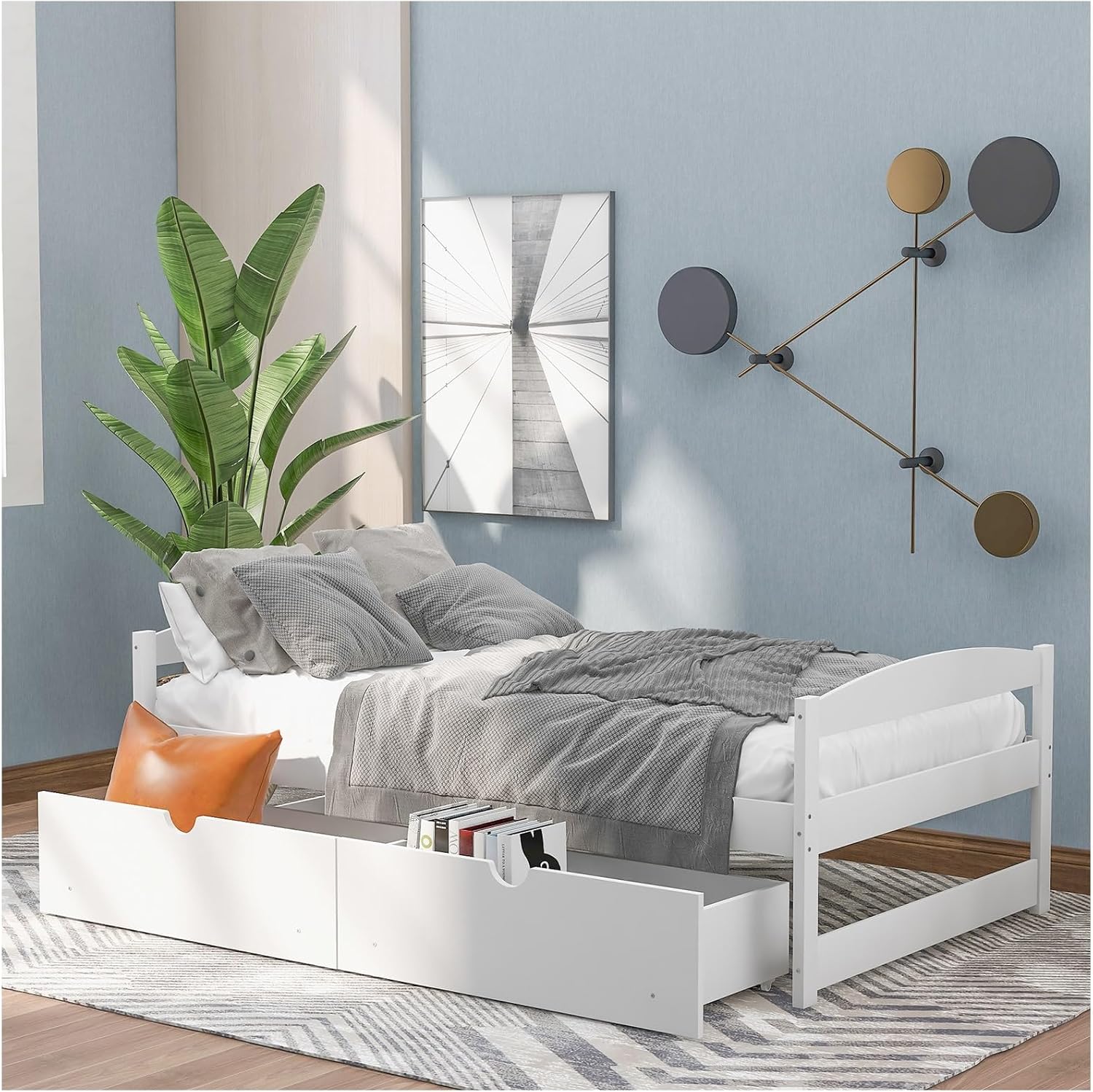 Twin Size Daybed with 2 Drawers, Wood Storage Bed Frame Twin Size Platform Bed Frame with Storage Solid Pinewood Bedframe with Drawers No Box Spring Needed White