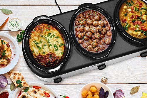 Elite Gourmet EWMST-325R Maxi-Matic Triple Slow Cooker Buffet Server Adjustable Temp Dishwasher-Safe Oval Ceramic Pots, Lid Rests, 3 x 2.5 Qt Capacity, Red