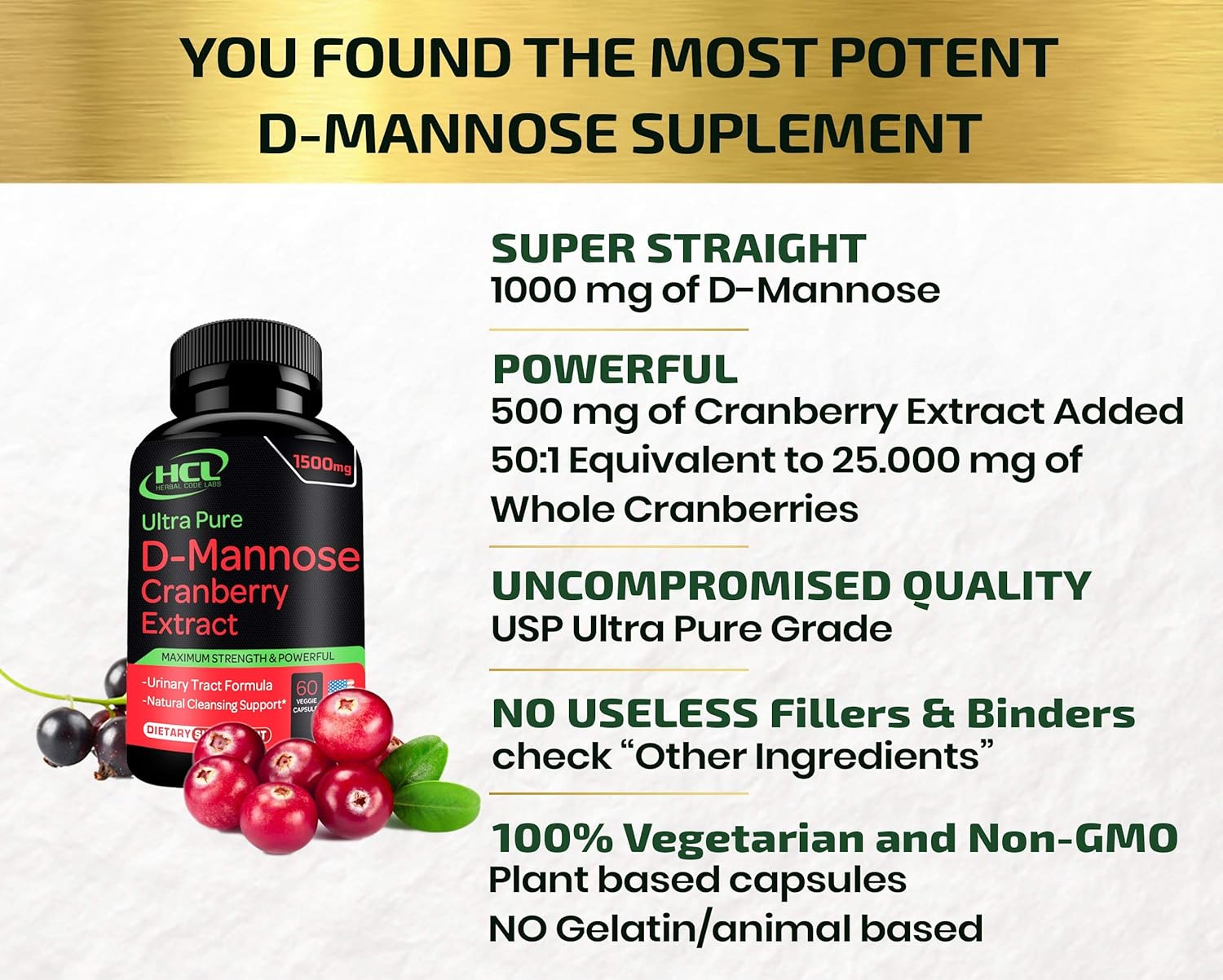 D-Mannose with Cranberry Extract Capsules 1500mg Super Strength Pills – Fast-Acting UTI Urinary Tract – Bladder Health Supplement