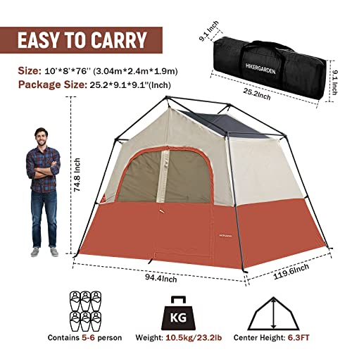 HIKERGARDEN 6 Person Camping Tent - Portable Easy Set Up Family Tent for Camp, Windproof Fabric Cabin Tent Outdoor for Hiking, Backpacking, Traveling