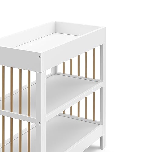 Graco Teddi Changing Table with Water-Resistant Changing Pad (White with Driftwood) - GREENGUARD Gold Certified, Includes Bonus Water-Resistant Changing Pad with Safety Strap, 2 Shelves, Easy-to-Match