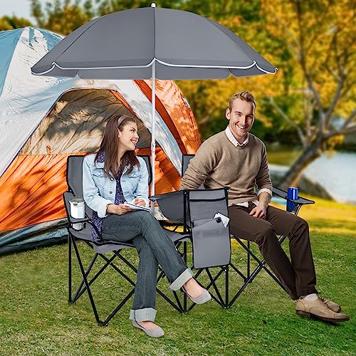 Tangkula Double Camping Chairs with Umbrella, Portable 2 Seat Folding Camp Chair with Cooler Bag, Beverage Holder, Carrying Bag, Foldable Lawn Chair for Outside, Fishing, Picnic, Beach (Turquoise)