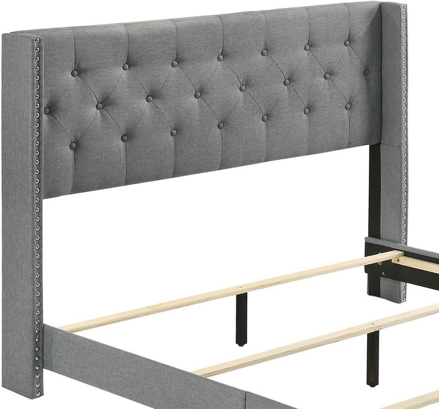Benjara Lih Modern Wingback Queen Bed, Button Tufted Headboard, Nailhead Trim, Gray, Black