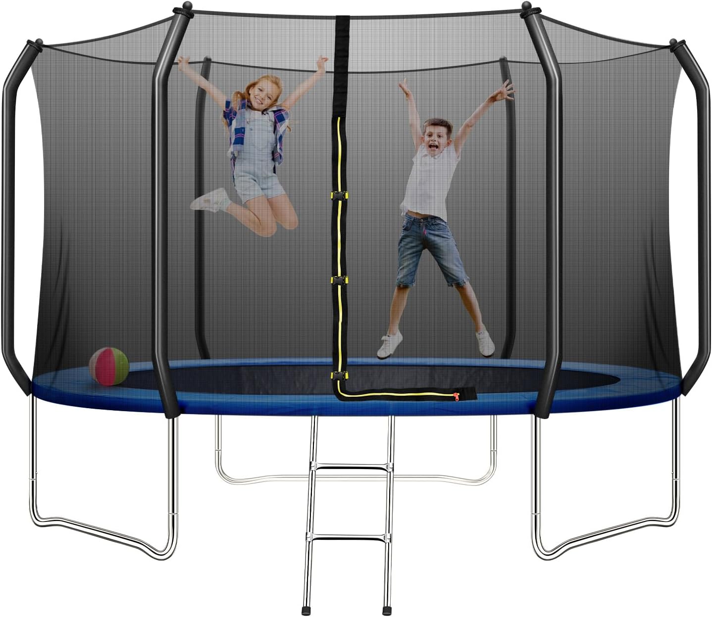 10FT Trampoline with Enclosure Net,Heavy Duty Trampoline with Jumping Mat and Spring Cover Padding,All Weather Outdoor Large Recreational Trampoline with Ladder,10x10x8.4ft