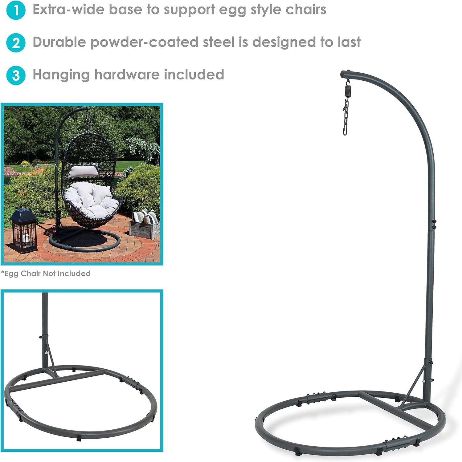 Sunnydaze Steel Egg Chair Stand with Extra-Wide Round Base - Black Powder-Coated Finish - 76 Inches H