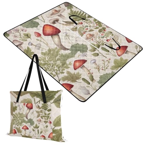 Mushrooms Plants Beige Picnic Blanket Waterproof Foldable Outdoor Beach Blankets Sandproof Picnic Mat Extra Large Camping Blanket for Grass Park Hiking Travel Concerts Indoor, 60x80 in