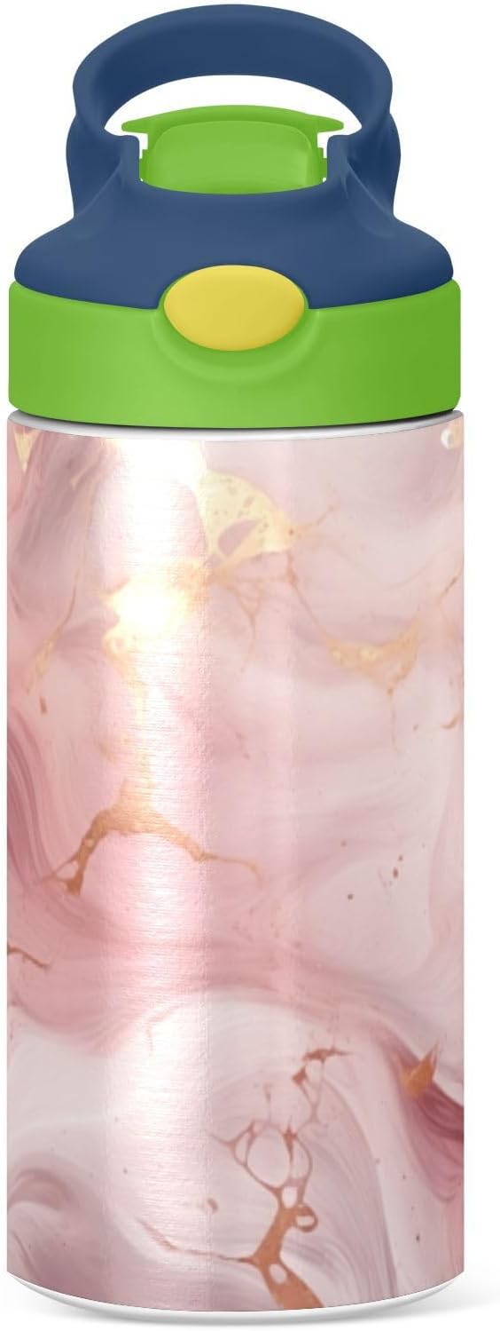 Small Water Bottle for Kid 12oz Pink Gold Marble Insulated Bottles with Straw Lid Stainless Steel Tumbler Vacuum Cup Thermal Bottles