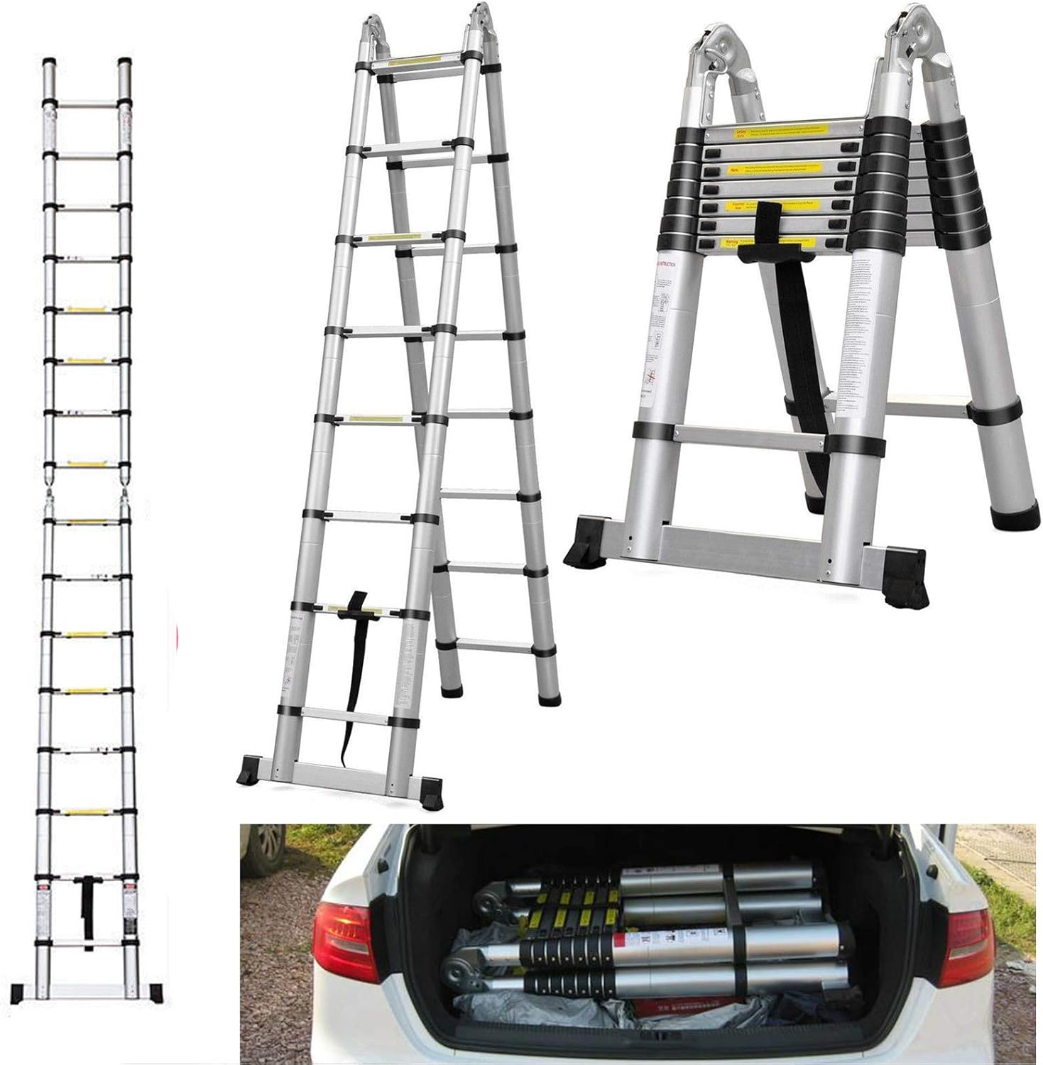 16.5ft Aluminum Telescoping Ladder with Stabilizer Bar Retractable A-Type Ladders Compact Easy to Carry for Workshop RV Camper Boat Roof Work Office Garage DIY Builder Supplies