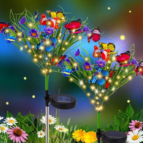 Solar Garden Lights, 2 Pack 84LED 14 Butterfly 28 Daisy Flower Solar Powered Lights IP65 Waterproof Stake Lights Outdoor Landscape Lights for Yard Patio Lawn Gift for Women (Purple-1)