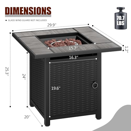 Vongrasig 30 Inch Propane Fire Table, 50,000 BTU Outdoor Gas Fire Pit Table, Square Tabletop with Lid,Lava Rock,Rain Cover for Outside Paito,Garden,Backyard (Walnut Top)