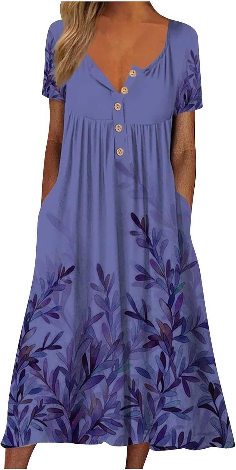 Women T Shirt Dress Casual V Neck Floral Print Maxi Dresses Button Down Flowy Boho Beach Sundress Vacation Wear