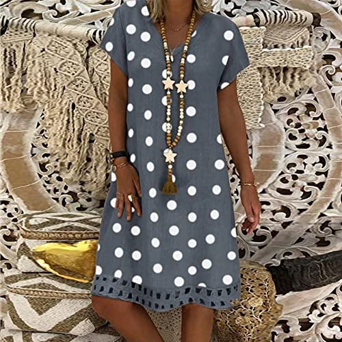 Dresses Linen V-Neck Short Sleeve Knee Dress Polka Dot Printed Dresses
