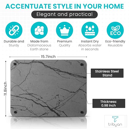 Marble Stone Dish Drying Mat, 15.7x11.8 Inches, Ultra Absorbent Stone Drying Mat, Drying Mat for Kitchen Counter, Heat Resistant Mat, Non-Slippery Sink Tray (Grey Marble)