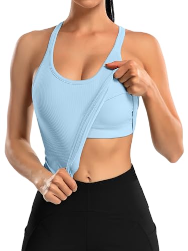 ATTRACO Women Ribbed Workout Crop Tops with Built in Bra Yoga Racerback Tank Top Tight Fit
